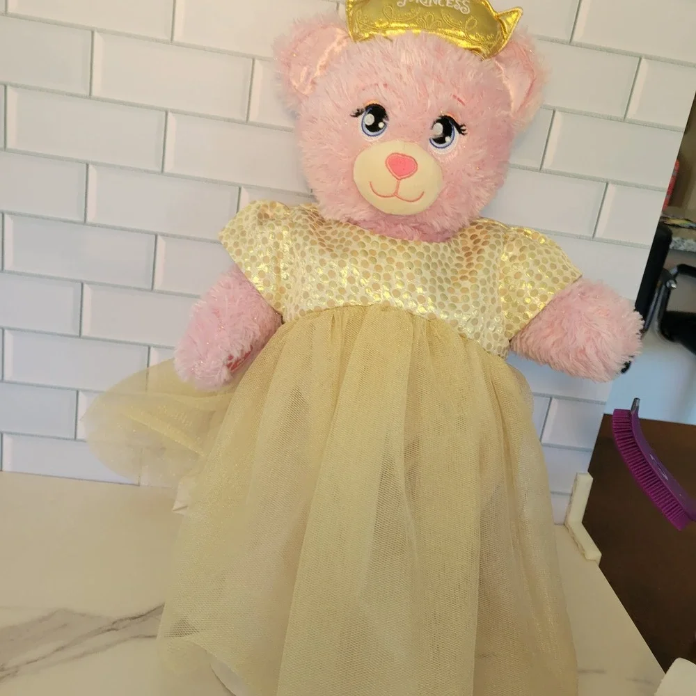 Build A Bear Disney Princess Pink Plush Bear Gold Sequin Tulle Dress Crown Belle